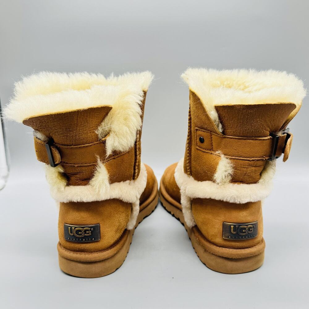 UGG Boots Womens 9 Brown Leather Mid Calf Shearling Buckle Fur Trim Winter Shoes - Picture 6 of 10